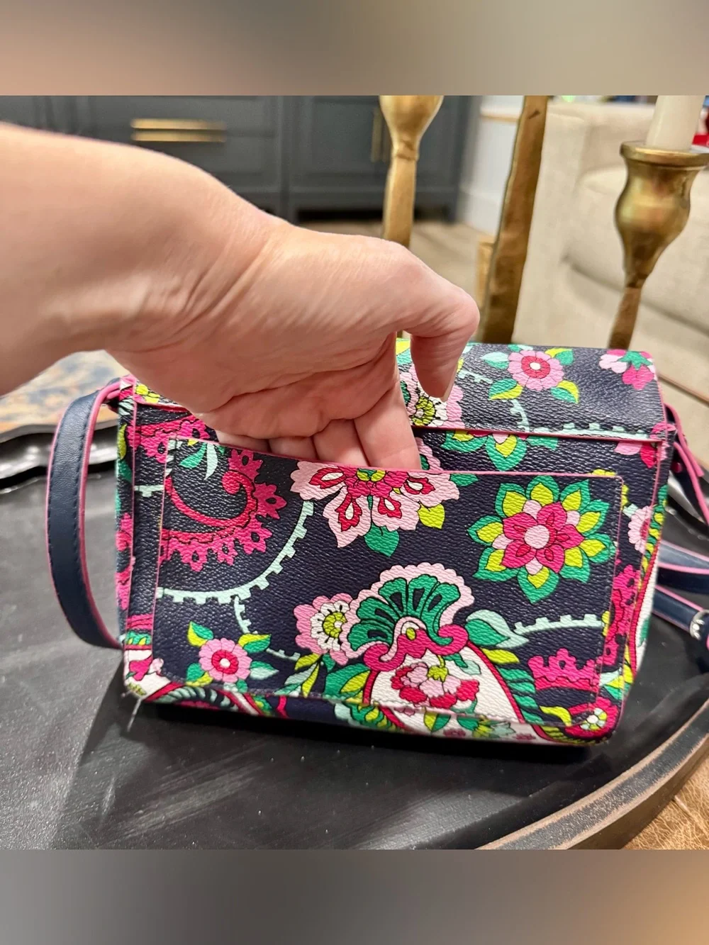 Vera Bradley Navy Floral Scalloped Crossbody with Pink & Green Accents